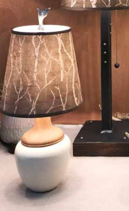 Ceramic and Maple Table Lamp in Ivory Gloss with Small Drum Shade in Twigs