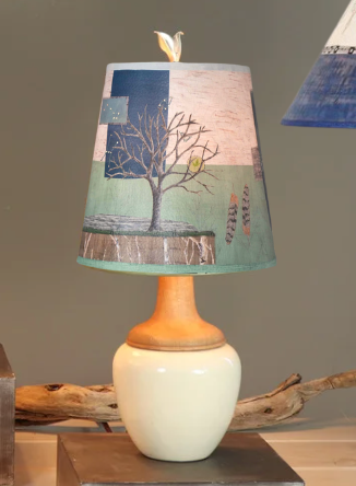 Ceramic and Maple Table Lamp in Ivory Gloss with Small Drum Shade in Wander in Field