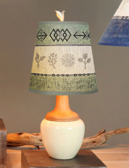 Ceramic and Maple Table Lamp in Ivory Gloss with Small Drum Shade in Woven in Sprig in Sage