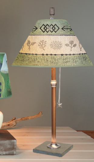 Copper Table Lamp with Medium Conical Shade in Woven in Sprig in Sage