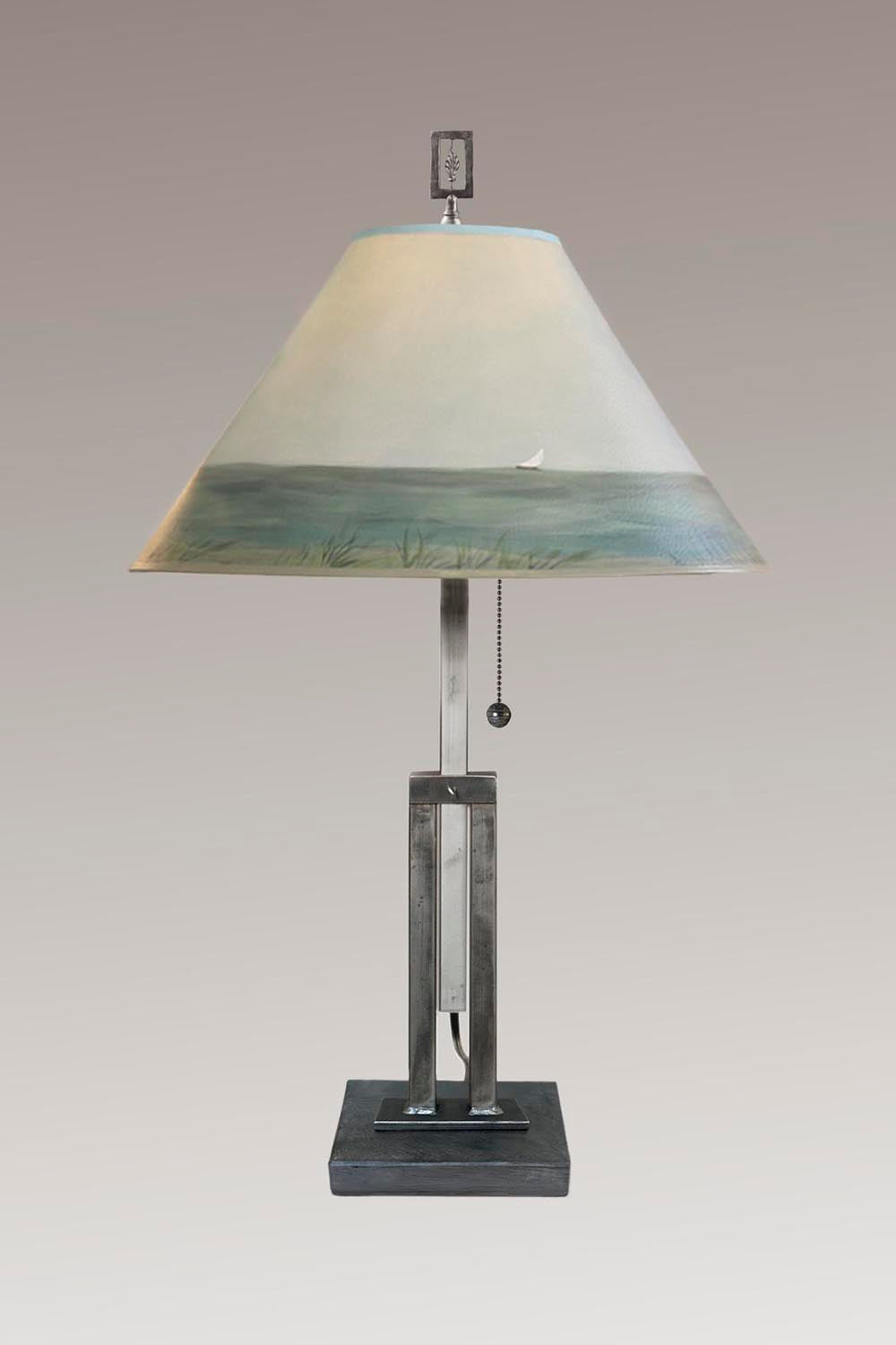 Adjustable-Height Steel Table Lamp with Large Conical Shade in Shore