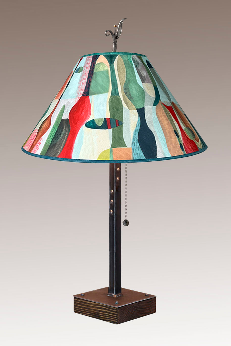 Steel Table Lamp on Wood with Large Conical Shade in Riviera in Poppy