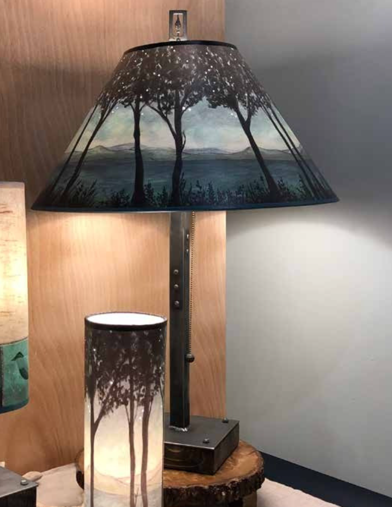 Steel Table Lamp on Wood with Large Conical Shade in Twilight