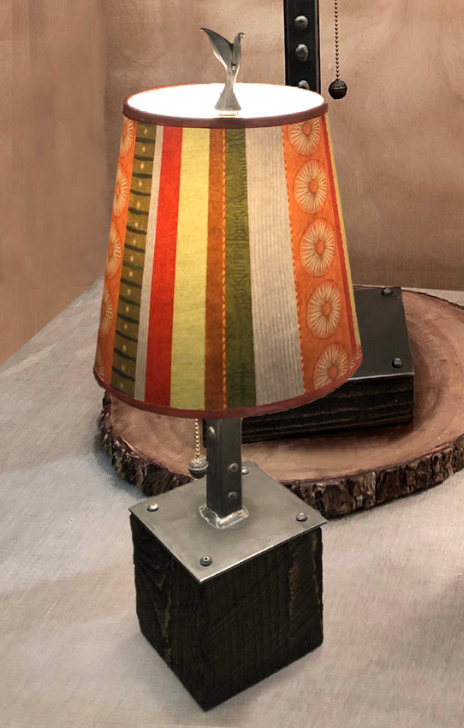 Steel Table Lamp on Reclaimed Wood with Small Drum Shade in Serape
