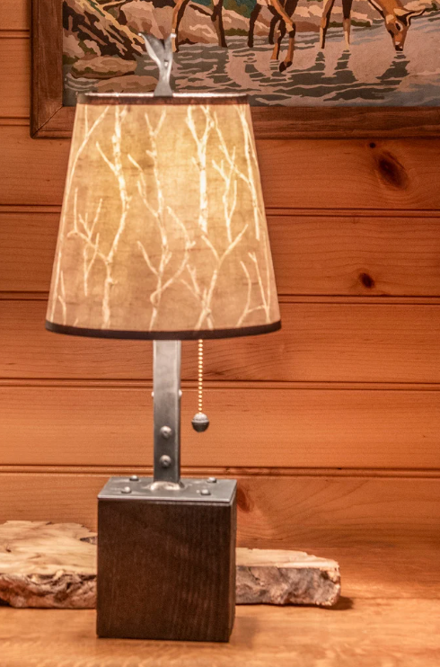 Steel Table Lamp on Reclaimed Wood with Small Drum Shade in Twigs