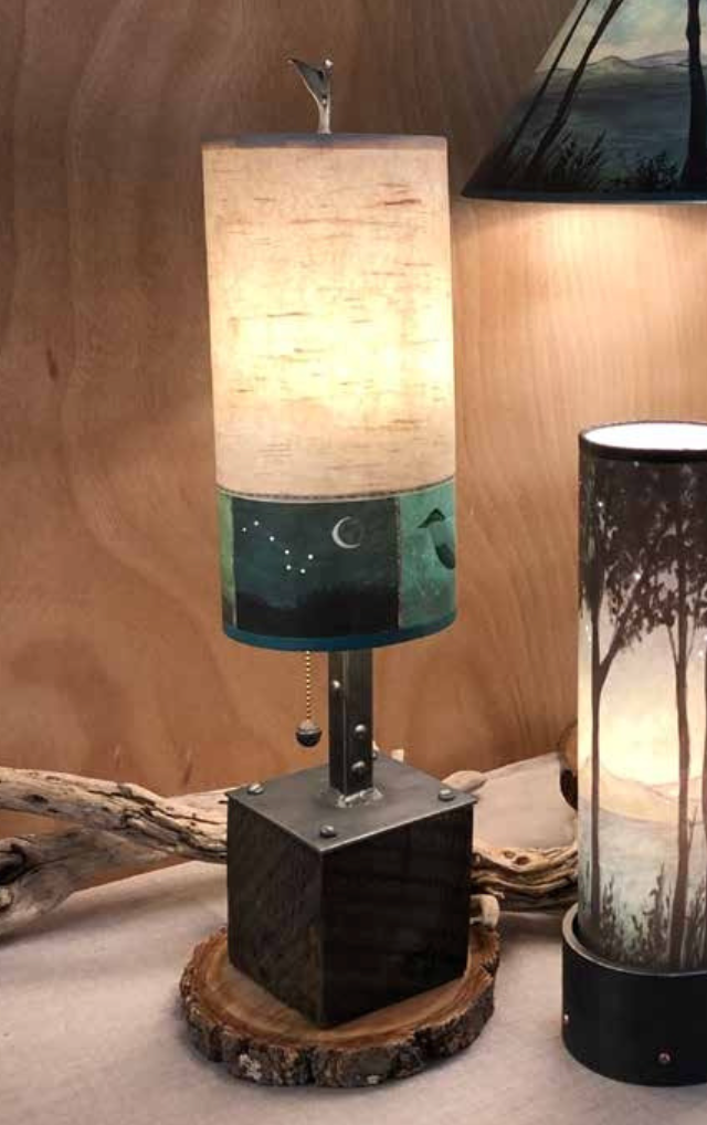 Steel Table Lamp on Reclaimed Wood with Small Tube Shade in Woodland Trails in Birch