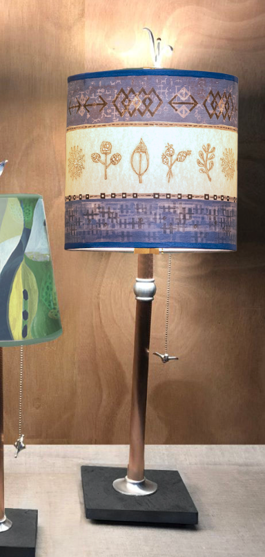 Copper Table Lamp with Medium Drum Shade in Woven & Sprig in Sapphire