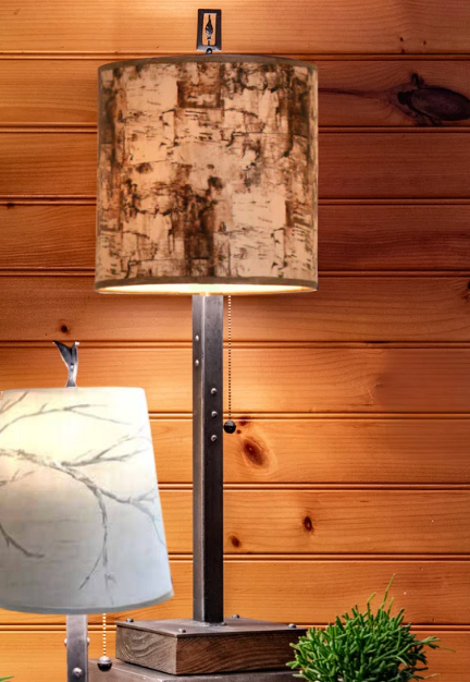 Steel Table Lamp on Wood with Medium Drum Shade in Birch Bark