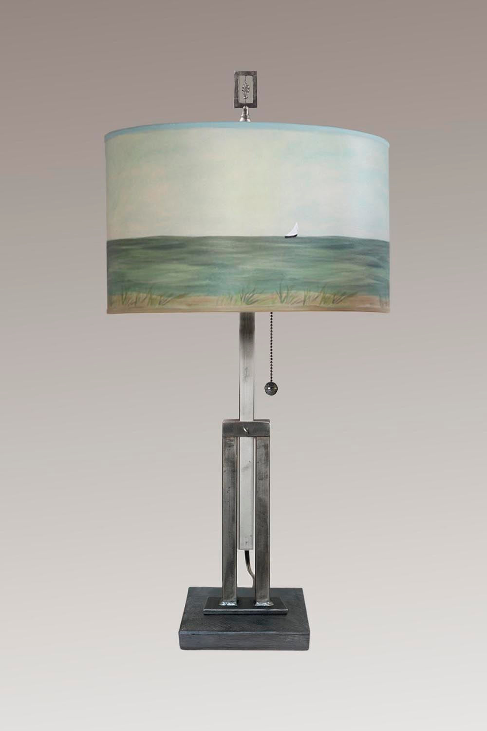 Adjustable-Height Steel Table Lamp with Large Drum Shade in Shore