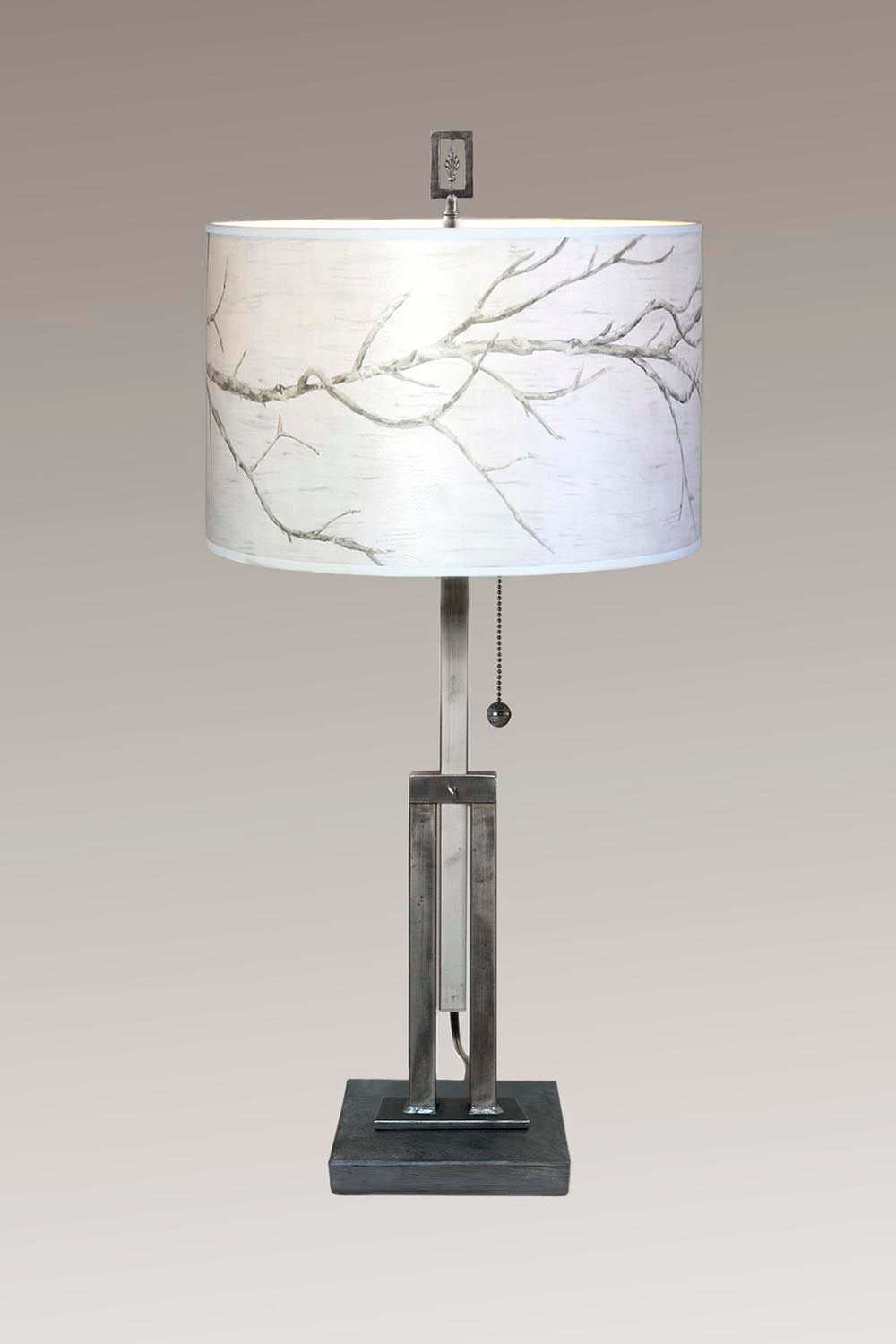 Adjustable-Height Steel Table Lamp with Large Drum Shade in Sweeping Branch