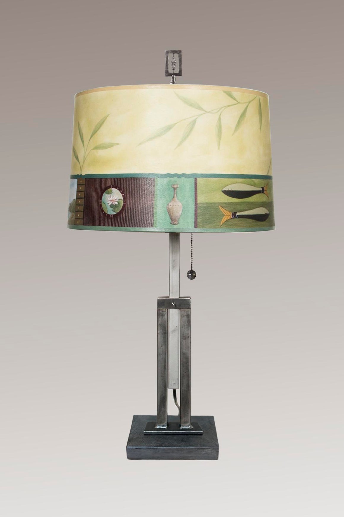 Adjustable-Height Steel Table Lamp with Large Drum Shade in Twin Fish