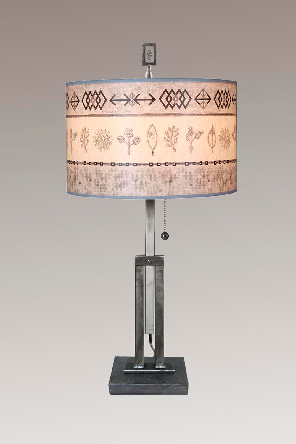 Adjustable-Height Steel Table Lamp with Large Drum Shade in Wovens & Spring in Mist