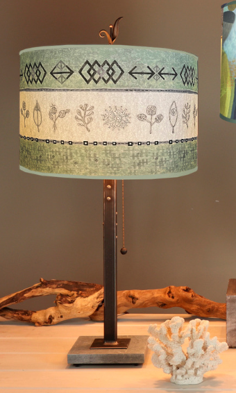 Copper Table Lamp with Large Drum Shade in Woven & Sprig in Sage