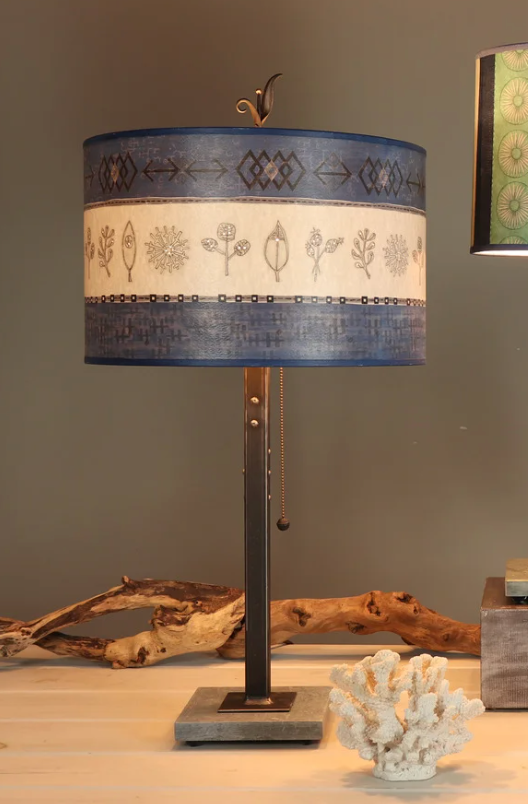 Copper Table Lamp with Large Drum Shade in Woven & Sprig in Sapphire