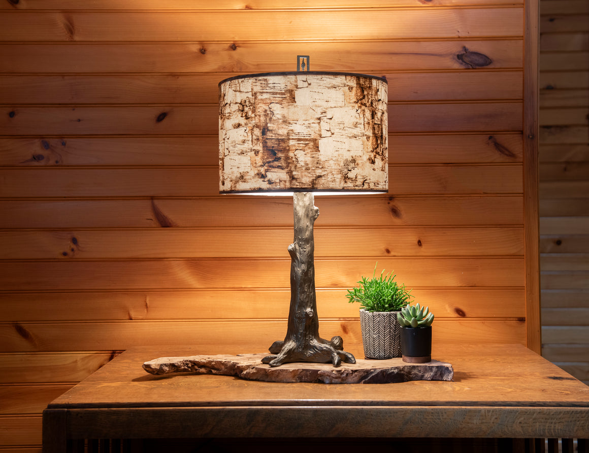 Bronze Tree Table Lamp with Large Drum Shade in Birch Bark