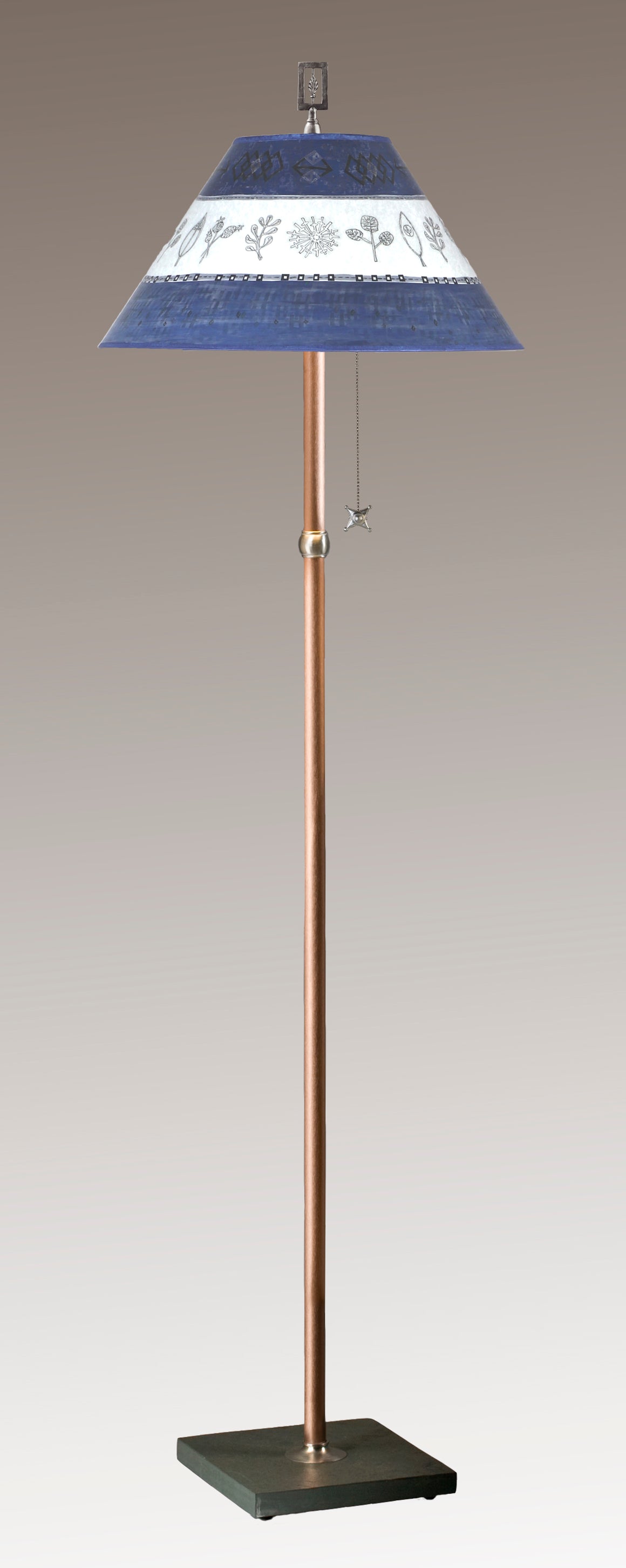 Copper Floor Lamp with Large Conical Shade in Woven Sprig & Sapphire