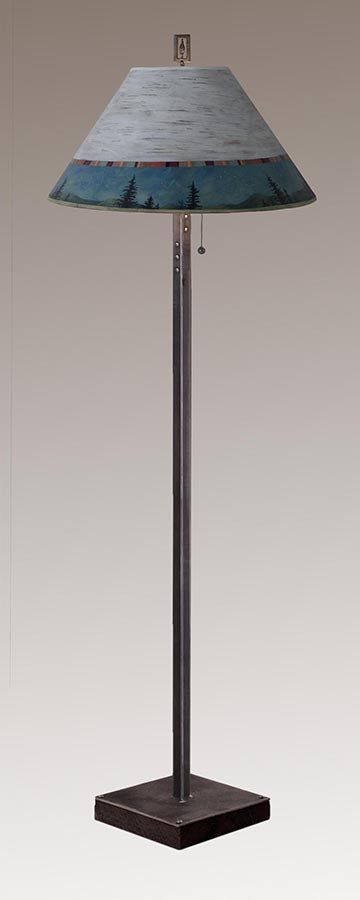 Steel Floor Lamp on  Reclaimed Wood with Large Conical Shade in Birch Midnight