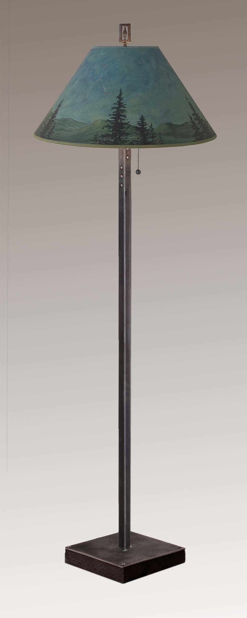 Steel Floor Lamp on  Reclaimed Wood with Large Conical Shade in Midnight Sky