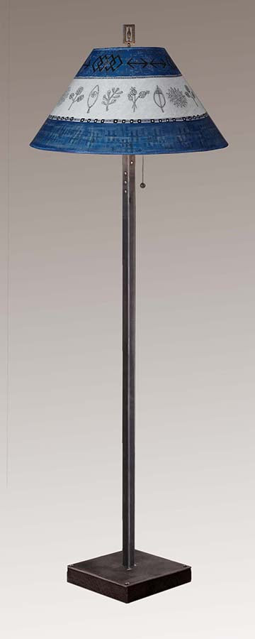Steel Floor Lamp on  Reclaimed Wood with Large Conical Shade in Woven & Sprig in Sapphire