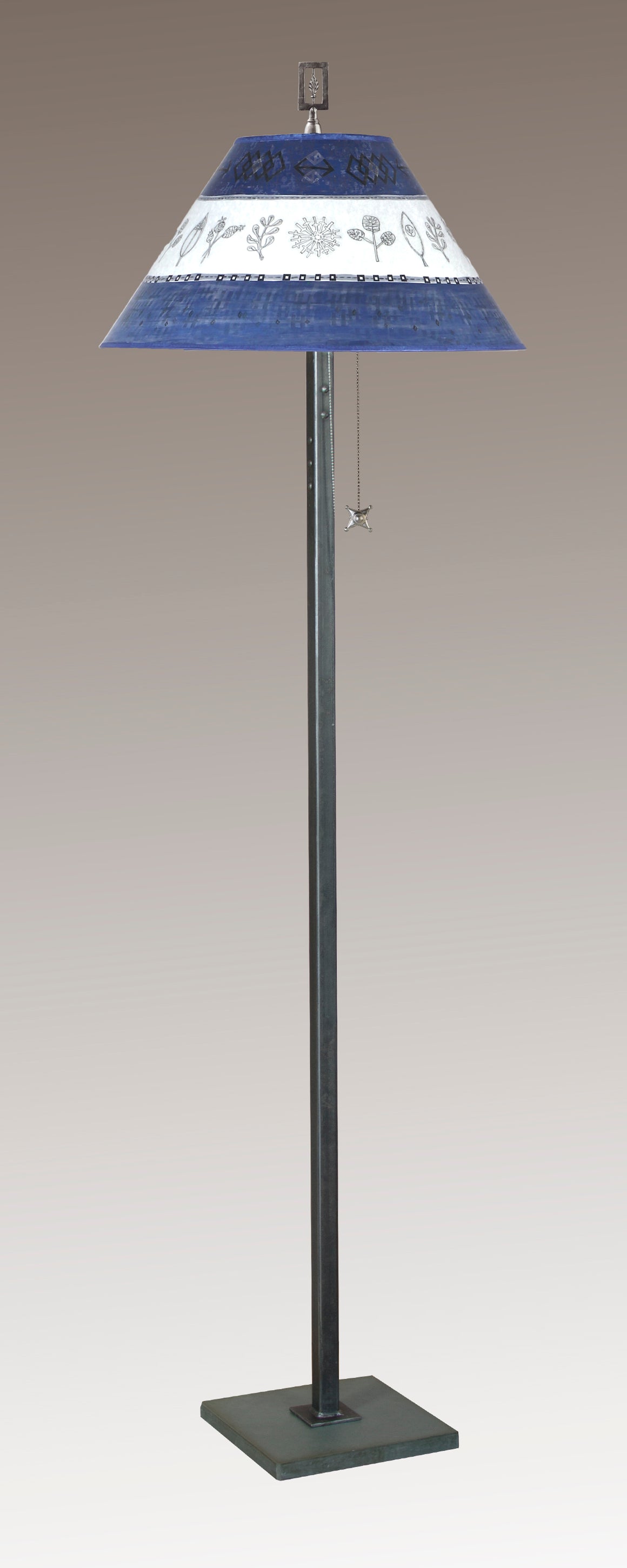 Steel Floor Lamp with Large Conical Shade in Woven Sprig & Sapphire