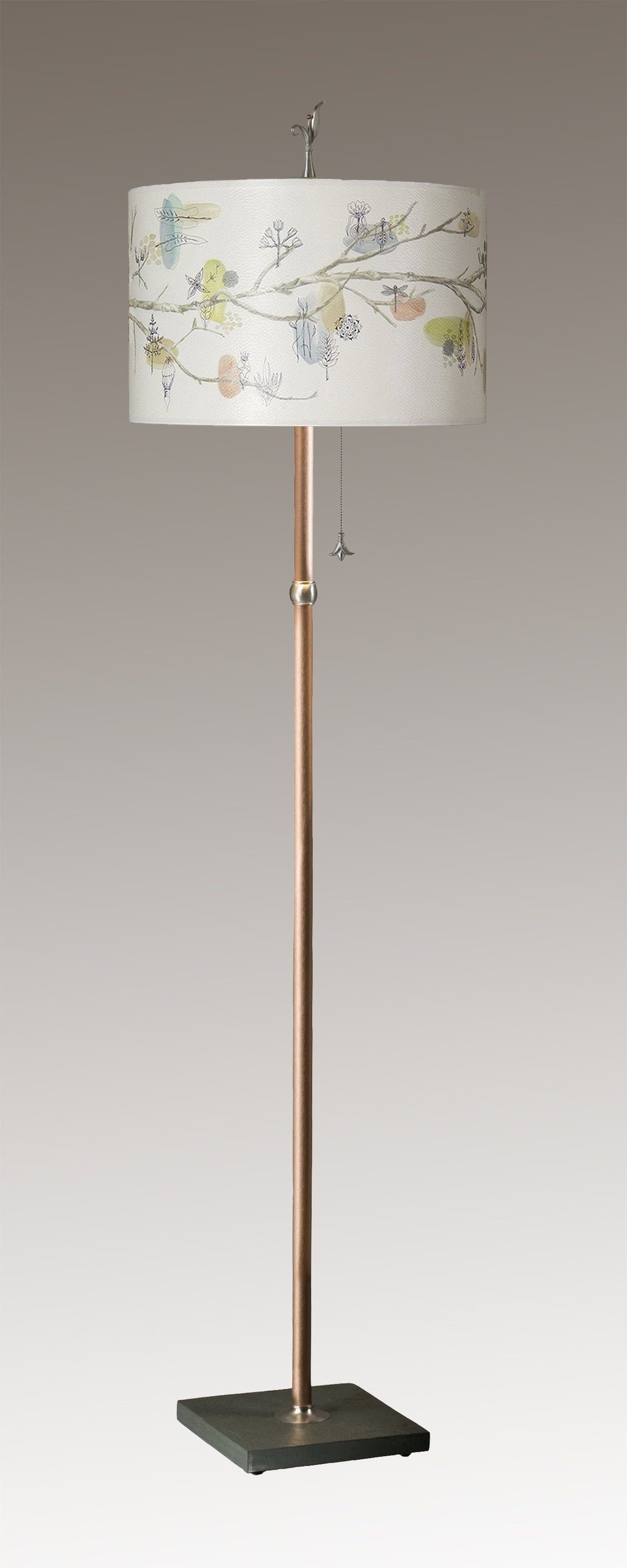 Copper Floor Lamp with Large Drum Shade in Artful Branch