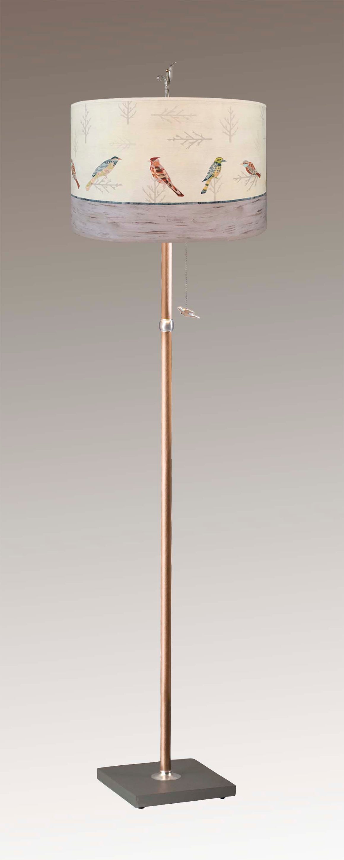 Copper Floor Lamp with Large Drum Lampshade in Bird Friends