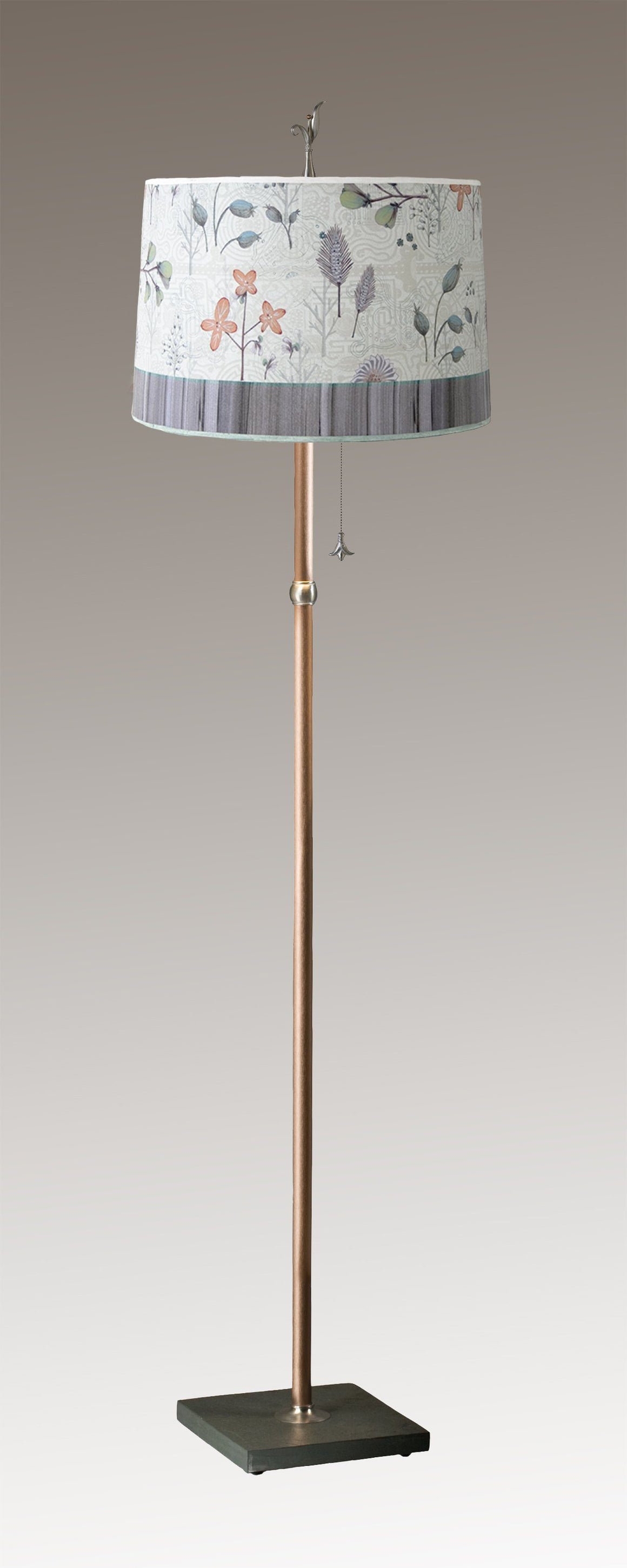 Copper Floor Lamp with Large Drum Shade in Flora and Maze