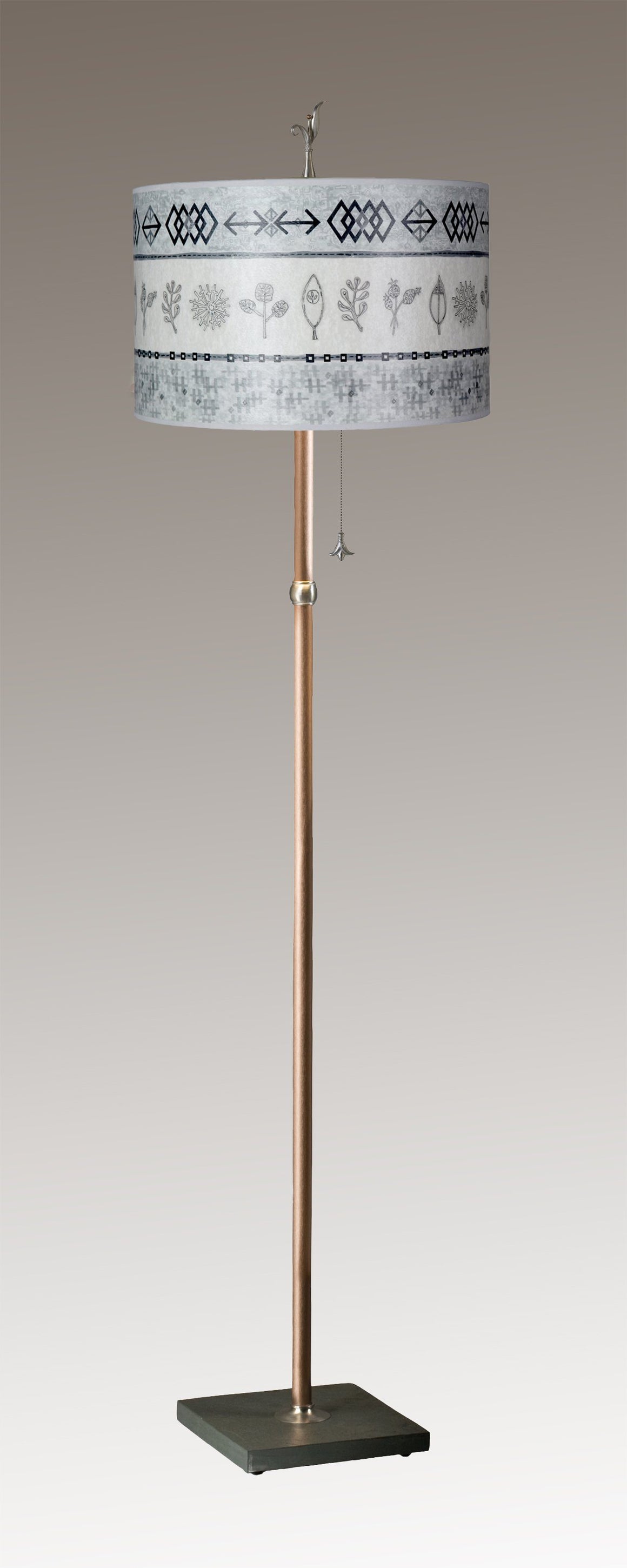 Copper Floor Lamp with Large Drum Shade in Woven & Sprig in Mist