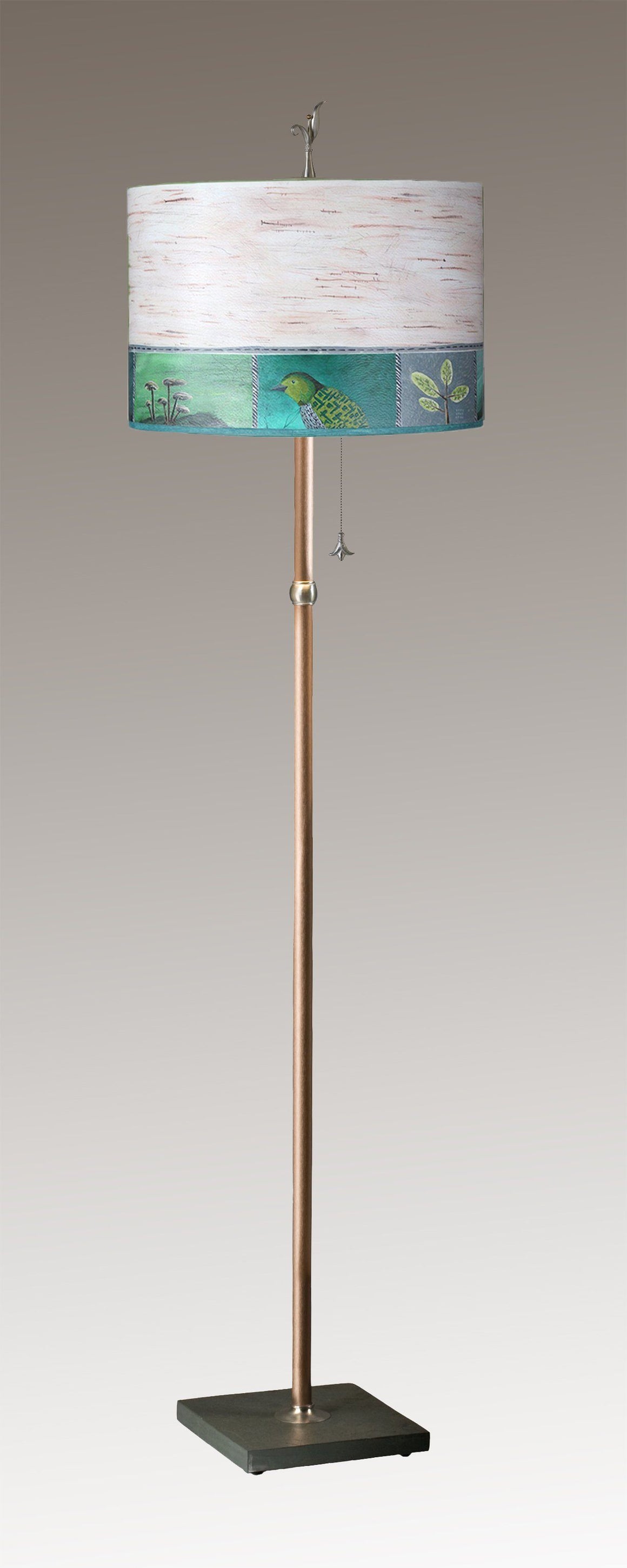 Copper Floor Lamp Large Drum Shade in Woodland Trails in Birch