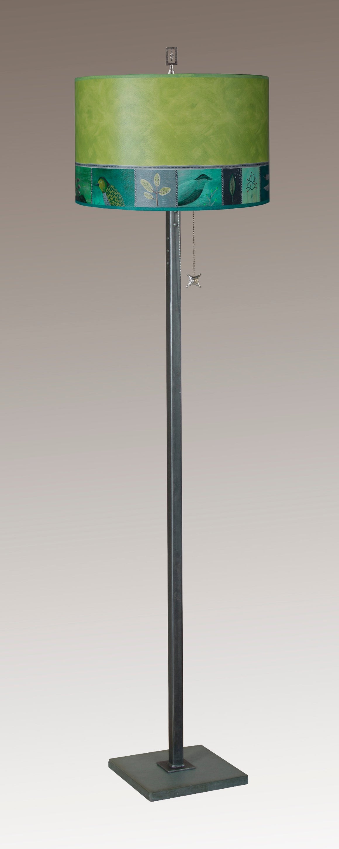 Steel Floor Lamp with Large Drum Shade in Woodland Trails in Leaf