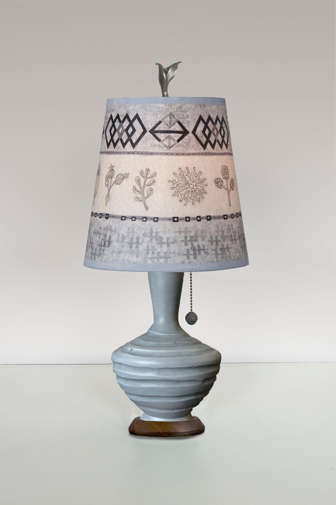 Ceramic Table Lamp with Small Drum Shade in Woven & Sprig in Mist