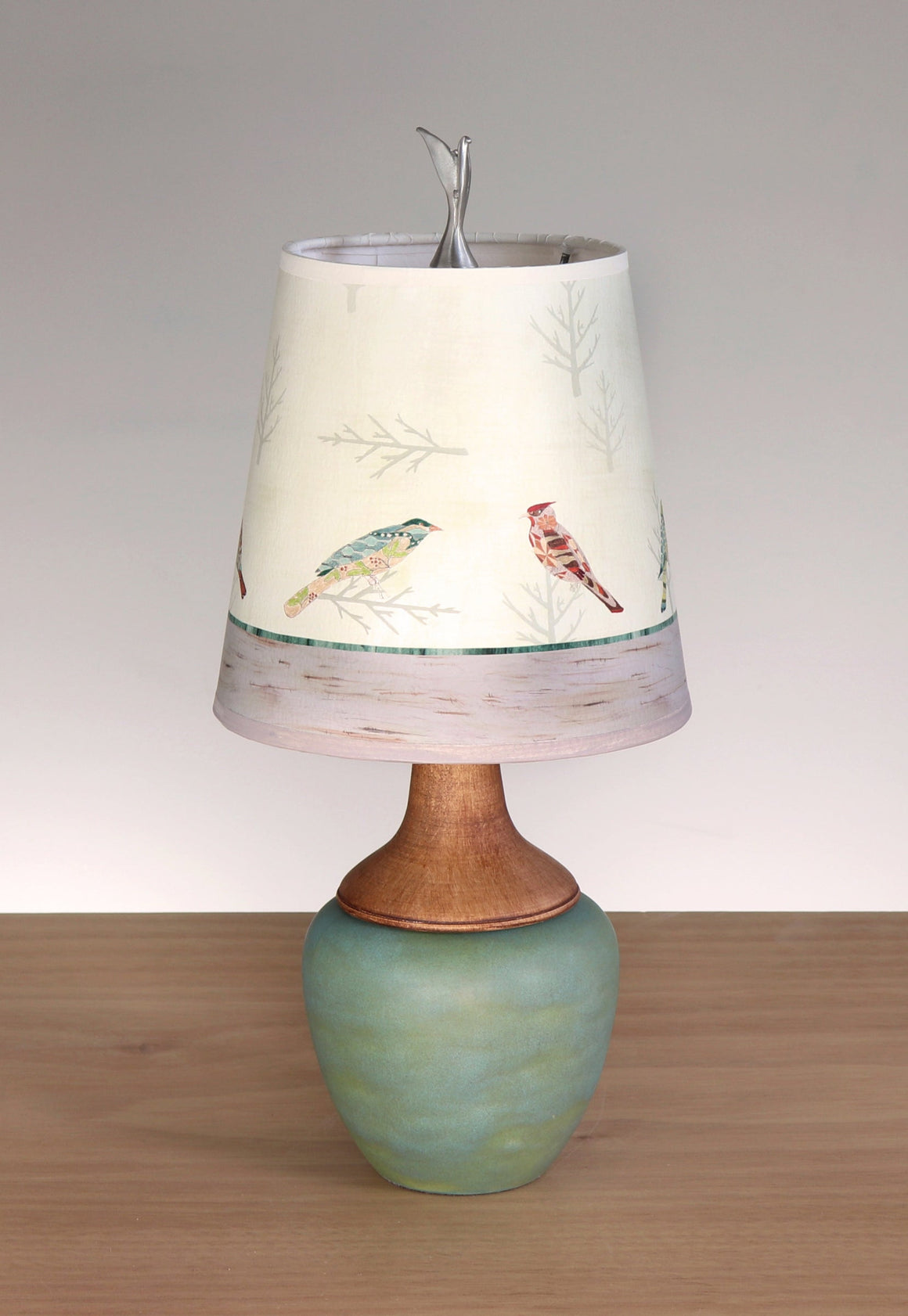 Ceramic and Maple Table Lamp with Small Drum Shade in Bird Friends