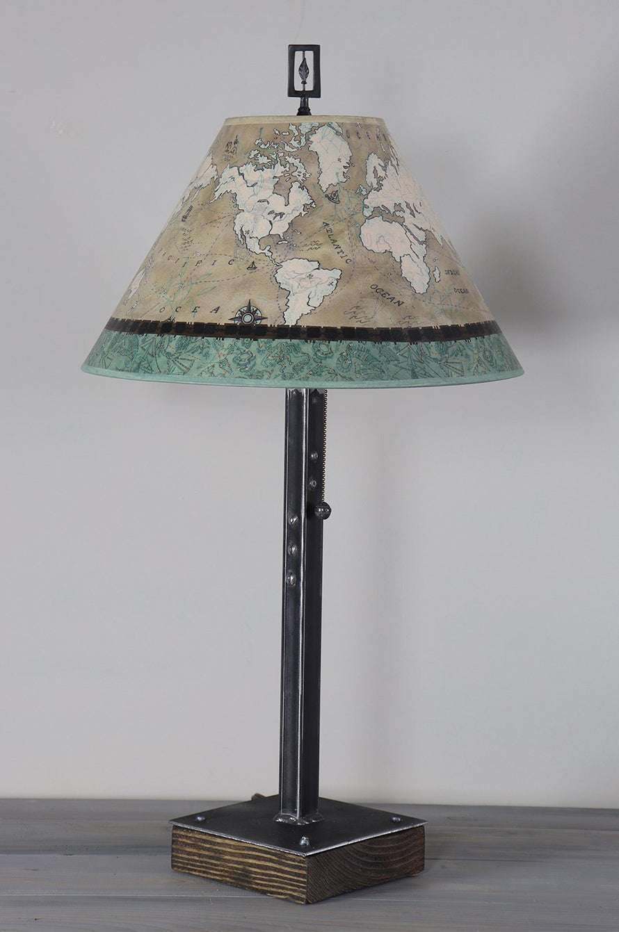 Steel Table Lamp on Wood with Medium Conical Shade in Voyages in Sand
