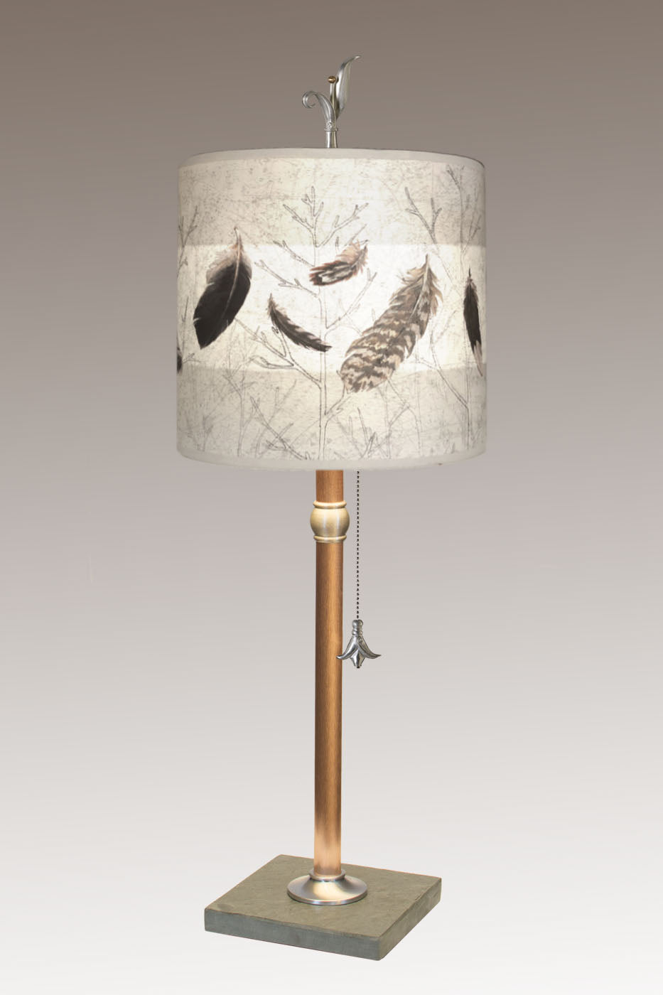 Copper Table Lamp with Medium Drum Shade in Feathers in Pebble