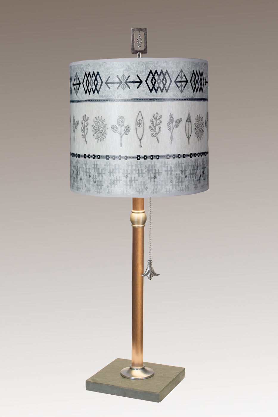 Copper Table Lamp with Medium Drum Shade in Woven & Sprig in Mist