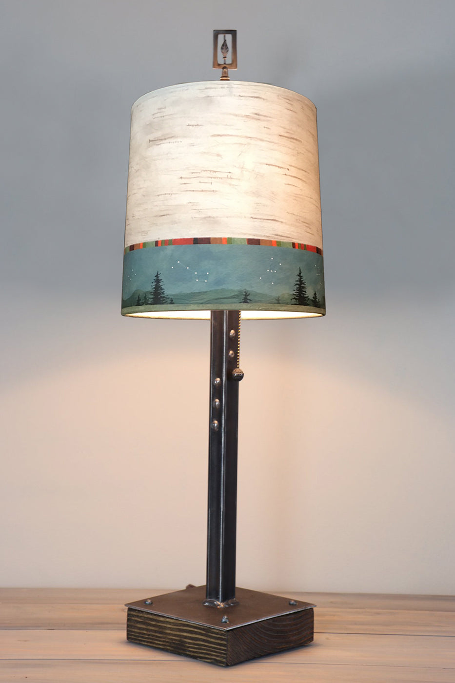 Steel Table Lamp on Wood with Medium Drum Shade in Birch Midnight
