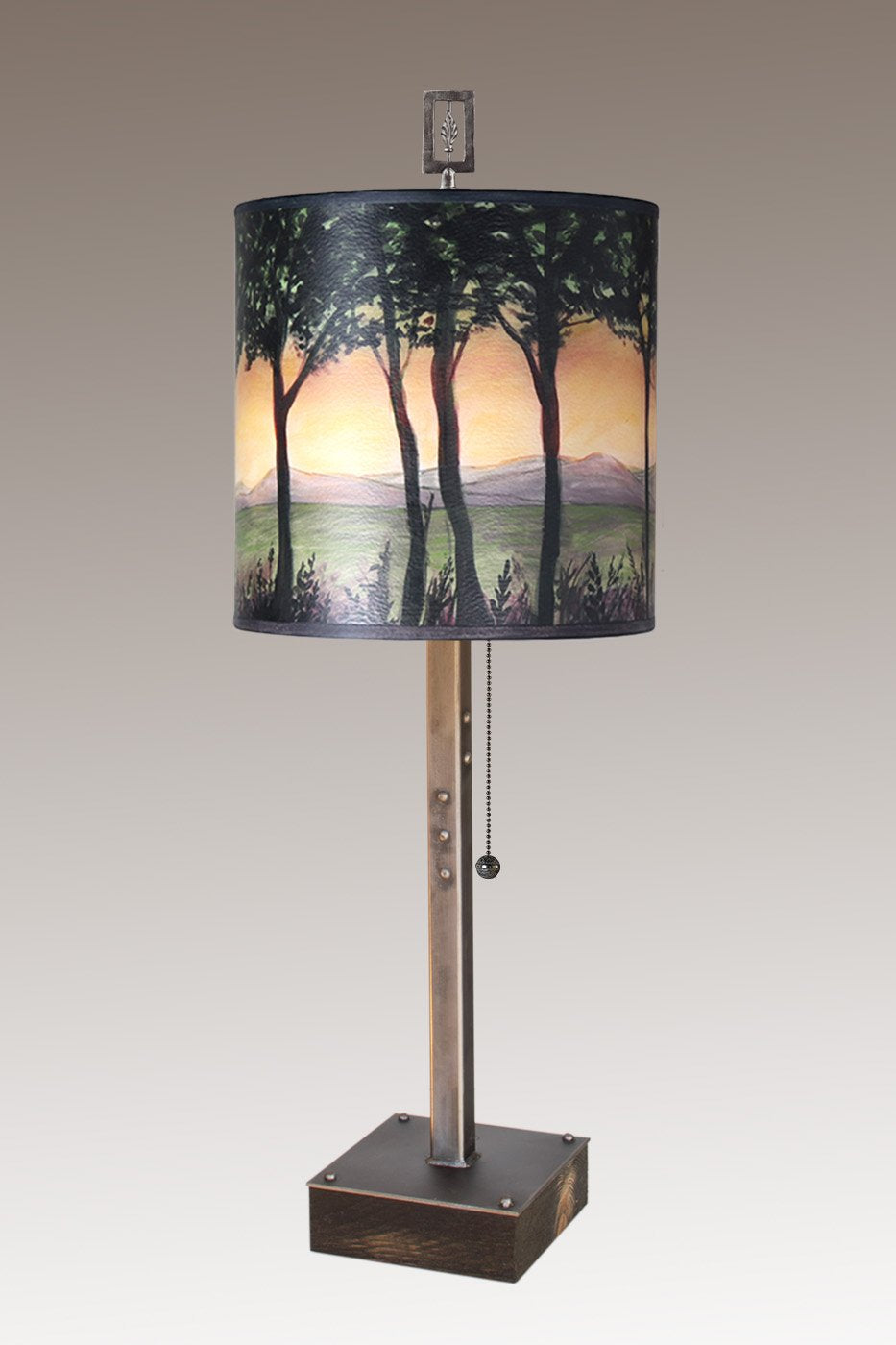 Steel Table Lamp on Wood with Medium Drum Shade in Dawn