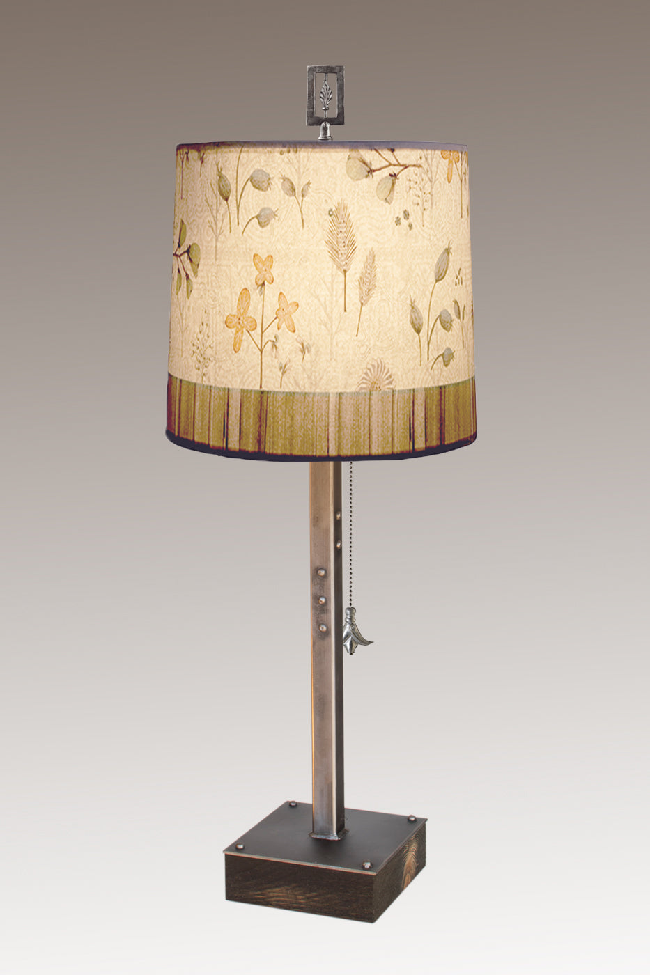 Steel Table Lamp on Wood with Medium Drum Shade in Flora & Maze