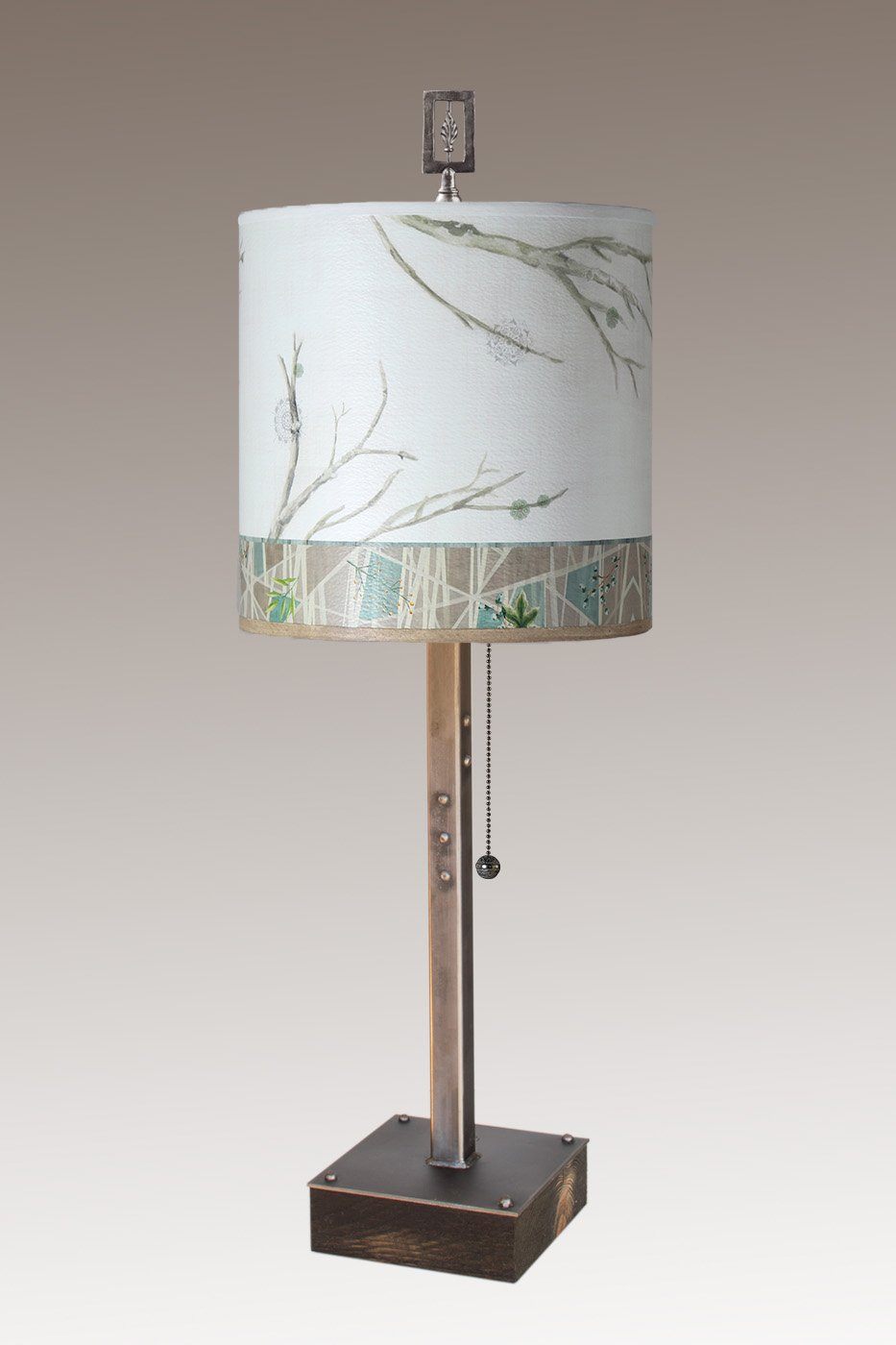 Steel Table Lamp on Wood with Medium Drum Shade in Prism Branch