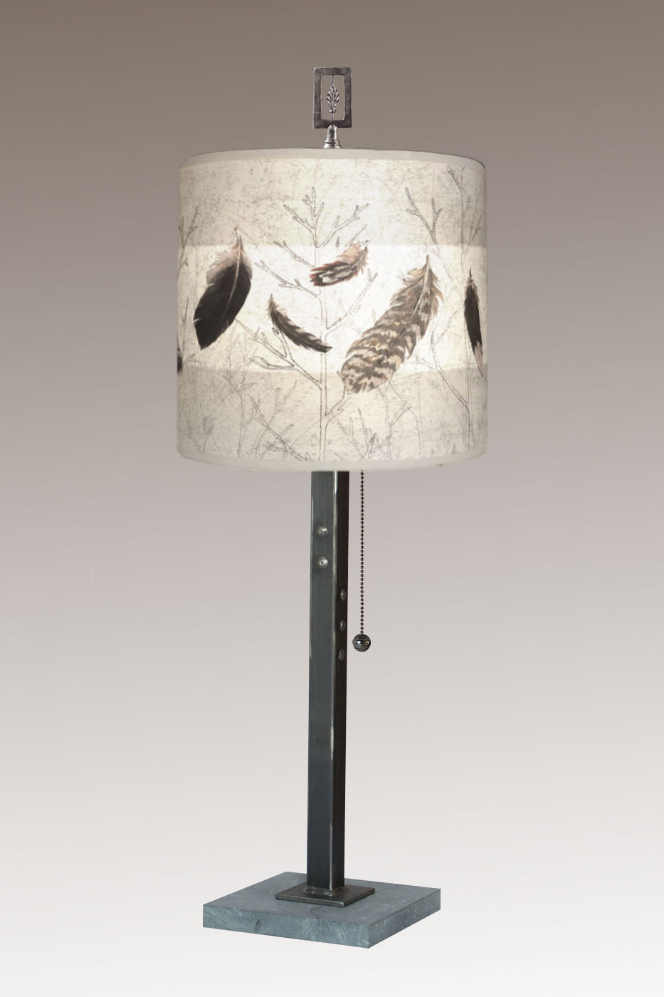 Steel Table Lamp with Medium Drum Shade in Feathers in Pebble