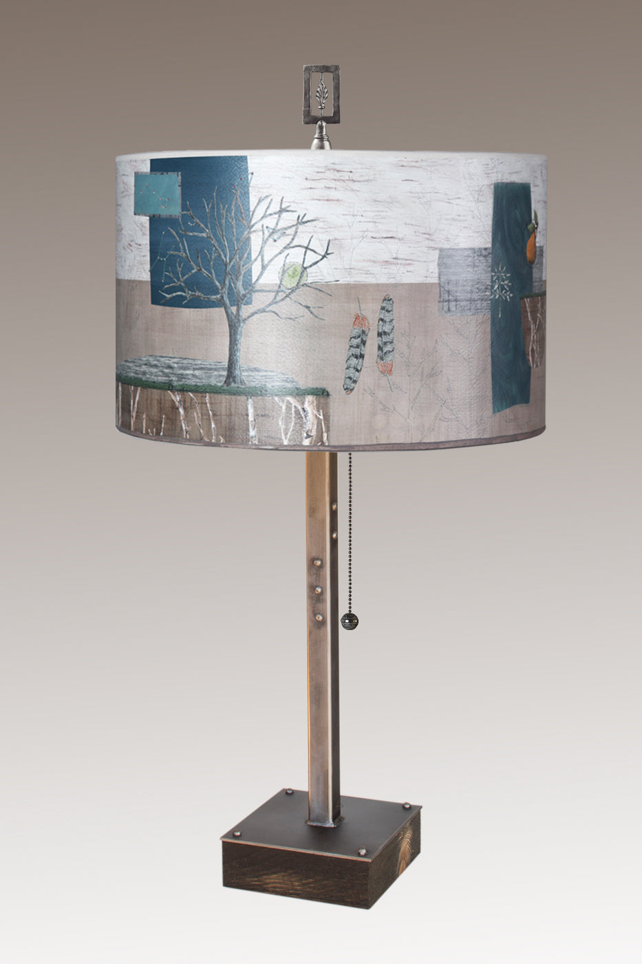 Steel Table Lamp on Wood with Large Drum Shade in Wander in Drift