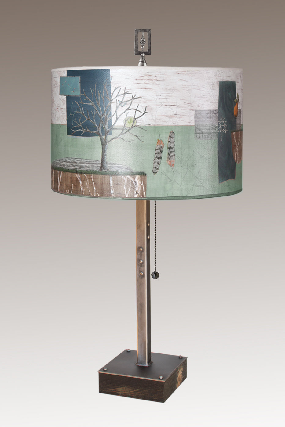 Steel Table Lamp on Wood with Large Drum Shade in Wander in Field