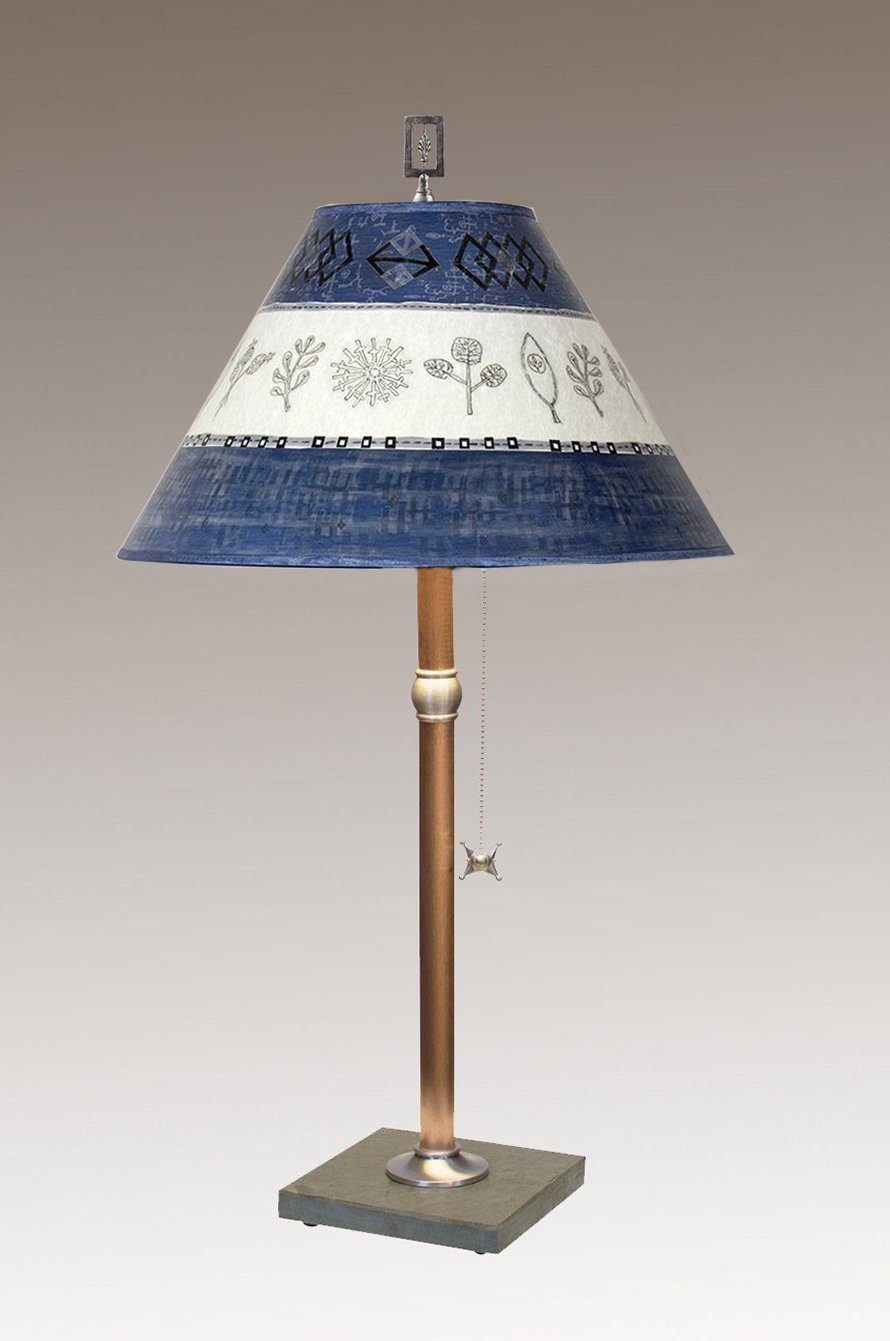 Copper Table Lamp with Large Conical Shade in Woven & Sprig in Sapphire