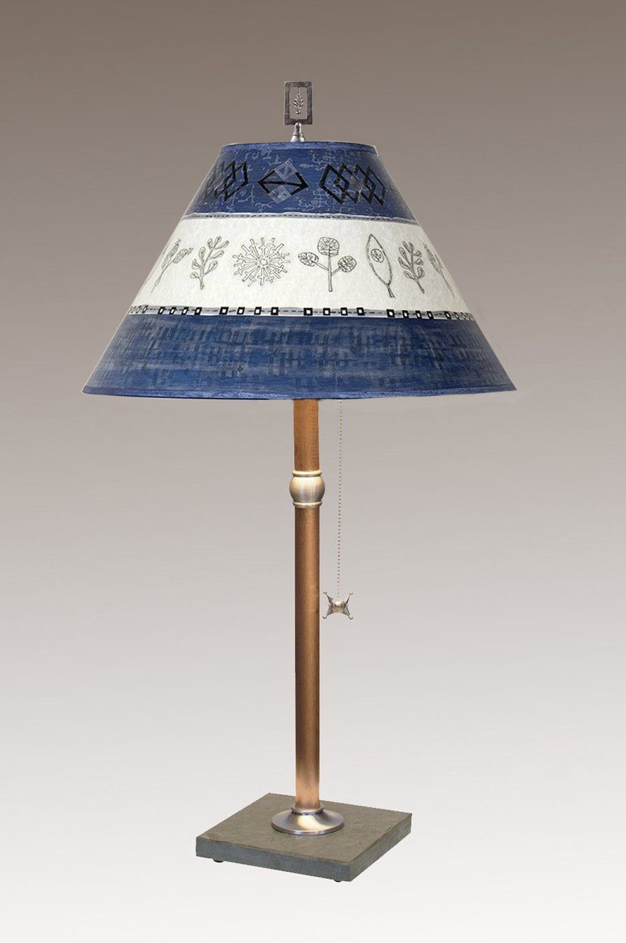 Copper Table Lamp with Medium Conical Shade in Woven & Sprig in Sapphire