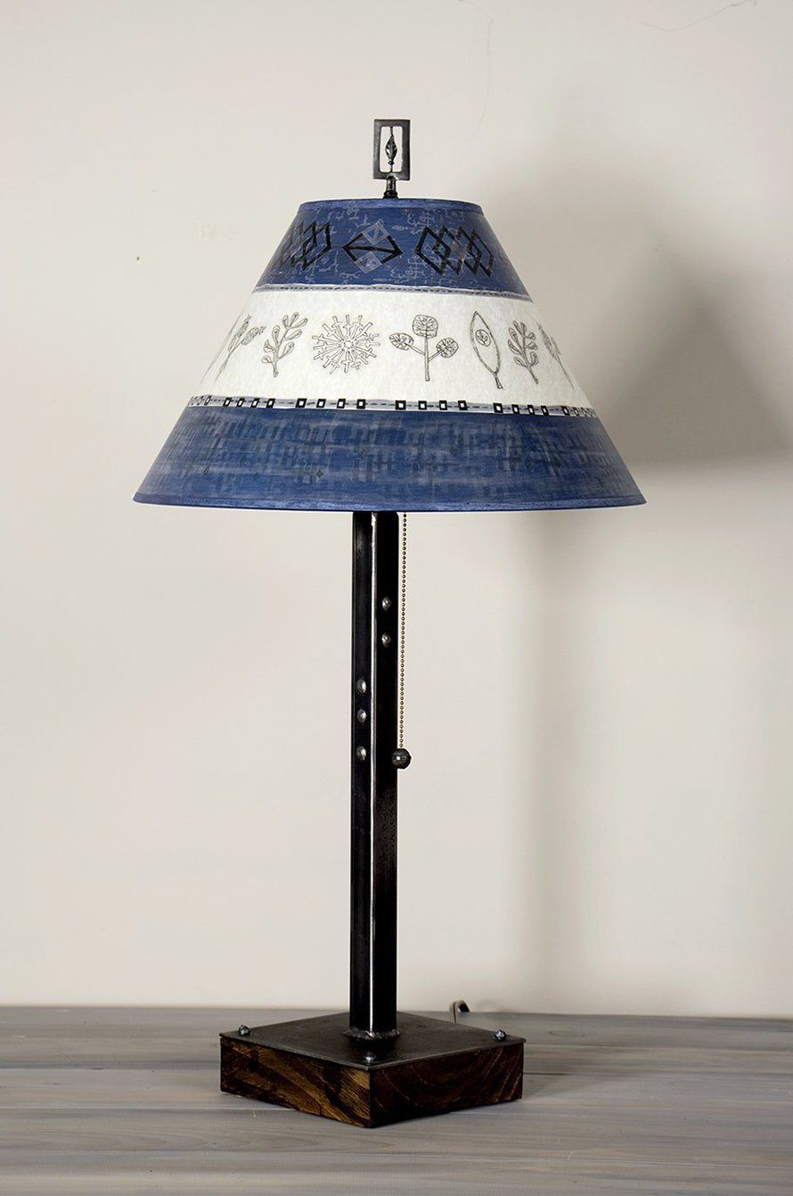 Steel Table Lamp on Wood with Medium Conical Shade in Woven & Sprig in Sapphire