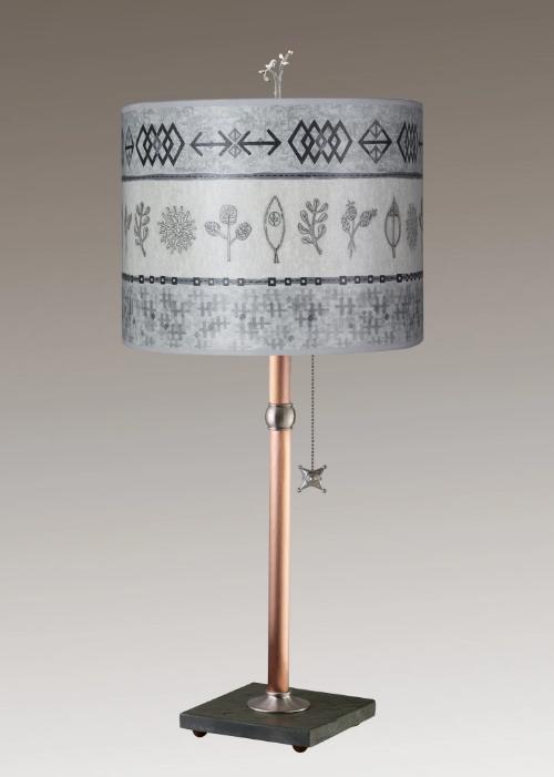 Copper Table Lamp with Large Oval Shade in Woven & Sprig in Mist