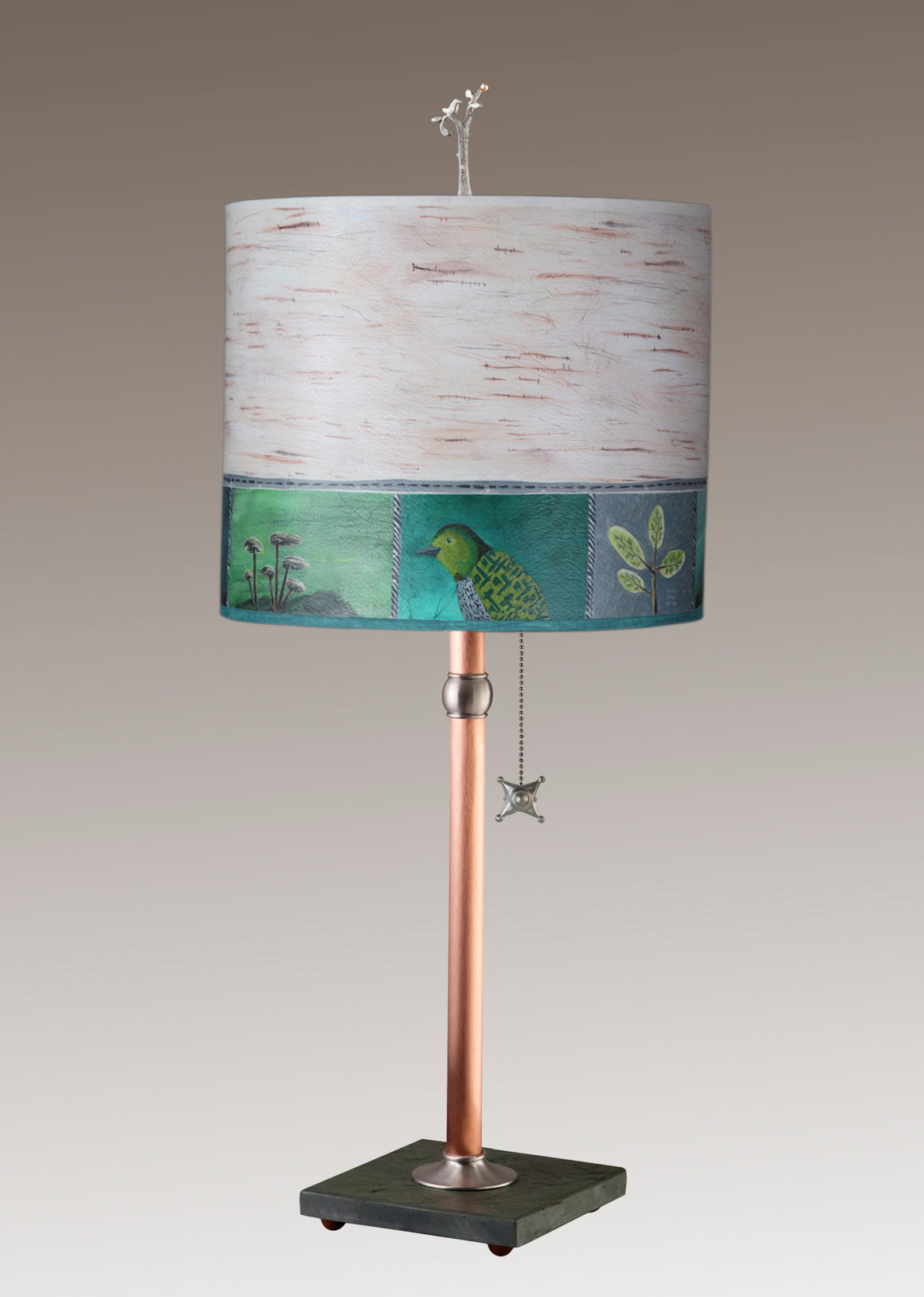 Copper Table Lamp with Large Oval Shade in Woodland Trail in Birch