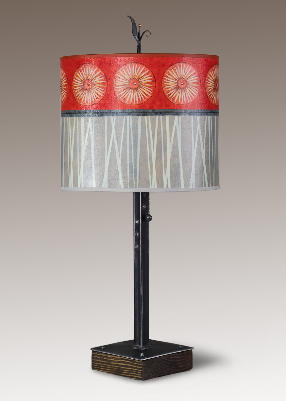 Steel Table Lamp on Wood with Large Oval Shade in Tang