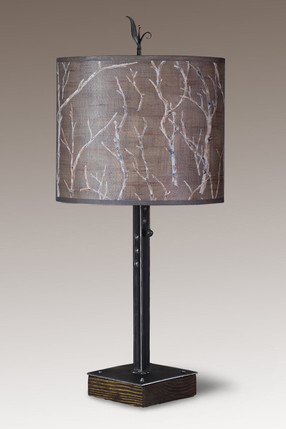 Steel Table Lamp on Wood with Large Oval Shade in Twigs