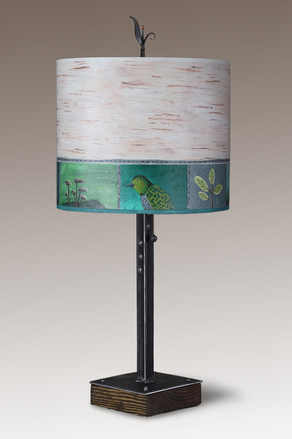 Steel Table Lamp on Wood with Large Oval Shade in Woodland Trails in Birch